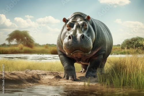 A picture of a hippo standing in the grass by the water. Suitable for nature and wildlife themes.