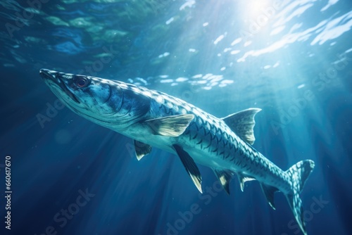 A picture of a big fish swimming beneath the water s surface. This image can be used to depict underwater life or to illustrate the concept of exploration in the deep sea.