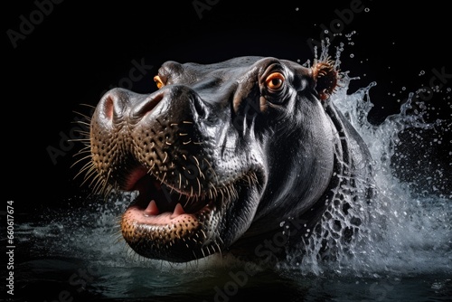 A close up photograph of a hippo in the water. This image can be used to depict wildlife, nature, or animal conservation.