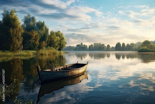 A serene image of a small boat peacefully floating on top of a calm lake. This picture can be used to evoke feelings of tranquility and relaxation. Perfect for nature-themed projects or for showcasing © Fotograf