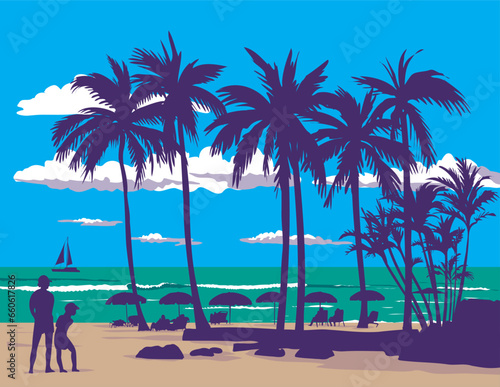 Fototapeta Naklejka Na Ścianę i Meble -  WPA poster art of Waikiki beach in Honolulu County in the island of Oahu, Hawaii USA in done in works project administration style or federal art project style.
