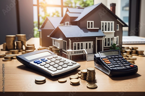 House model, coins and calculator on the table. Mortgage, real estate investments concept photo