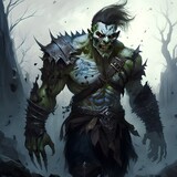 dungeons and dragons undead male orc warrior tattered clothes and armor shambling walk dingy hair missing teeth sunken and missing eyes coming out of the ground zombie skin full body painting 