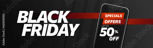 Design of Black Friday web banner. Template with modern linear typography text illustration isolated on black background with red details. Special offer 50% off sale horizontal banner.
