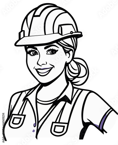 A Cartoon Image of a construction worker in black and white Wearing a Hard Hat and Overalls