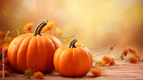 pumpkins on a background of autumn leaves and flowers, Halloween