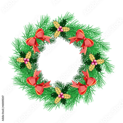 Christmas wreath with fir branches, holly berry and red bow. Vector illustration.