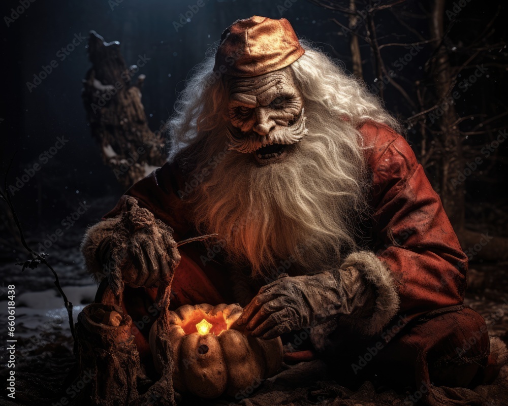 Obraz premium The Distraught Santa: Spooky Halloween Scene with Creepy Pumpkin and Horror