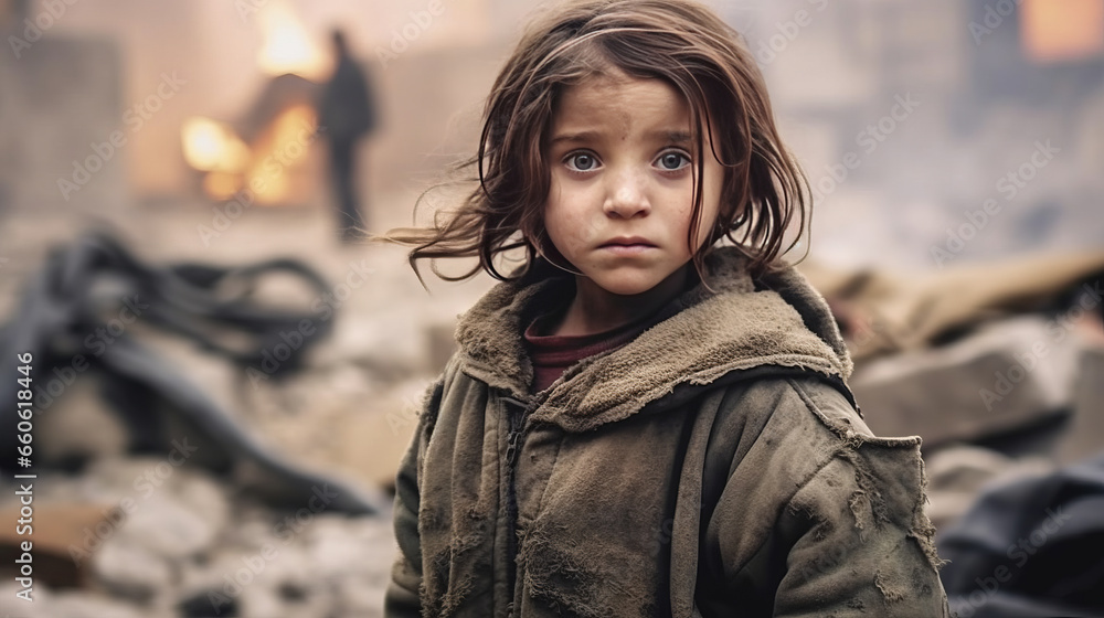 Homeless child cries, family killed by soldiers, homes destroyed. - obrazy, fototapety, plakaty 