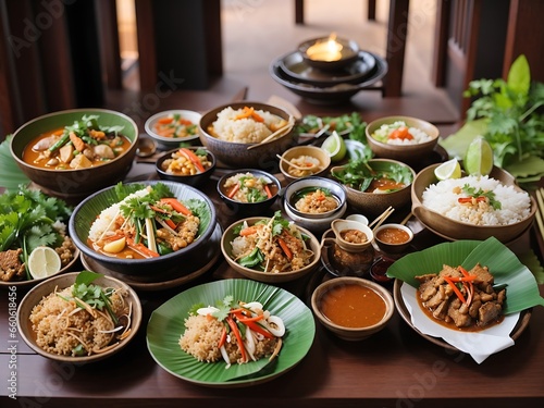 Photo variety authentic thai traditional meal on table