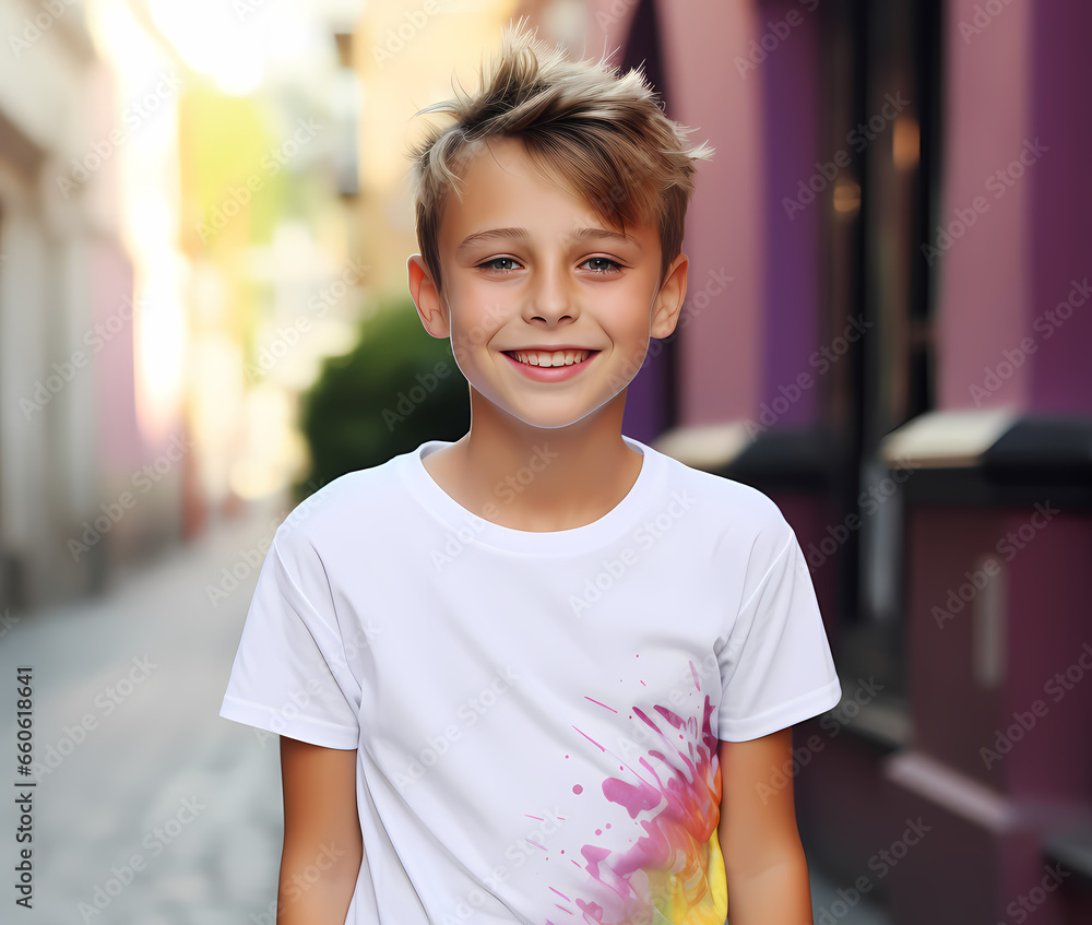 smiling kid boy with colorful painted t shirt isolated or against city road,sidewalk.happy child with rainbow lgbt clothes.generative ai smiling kid boy with colorful painted t shirt isolated or against city road,sidewalk.happy child with rainbow lgbt clothes.generative ai