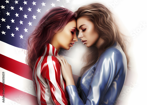 kissing women girls and american flag over them generative ai. blonde female with closed eyes