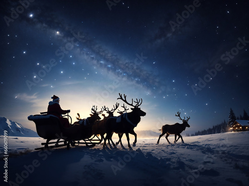 santa claus in sledge with reindeer night sky over full moon merry christmas happy new year concept horizontal flat vector illustration