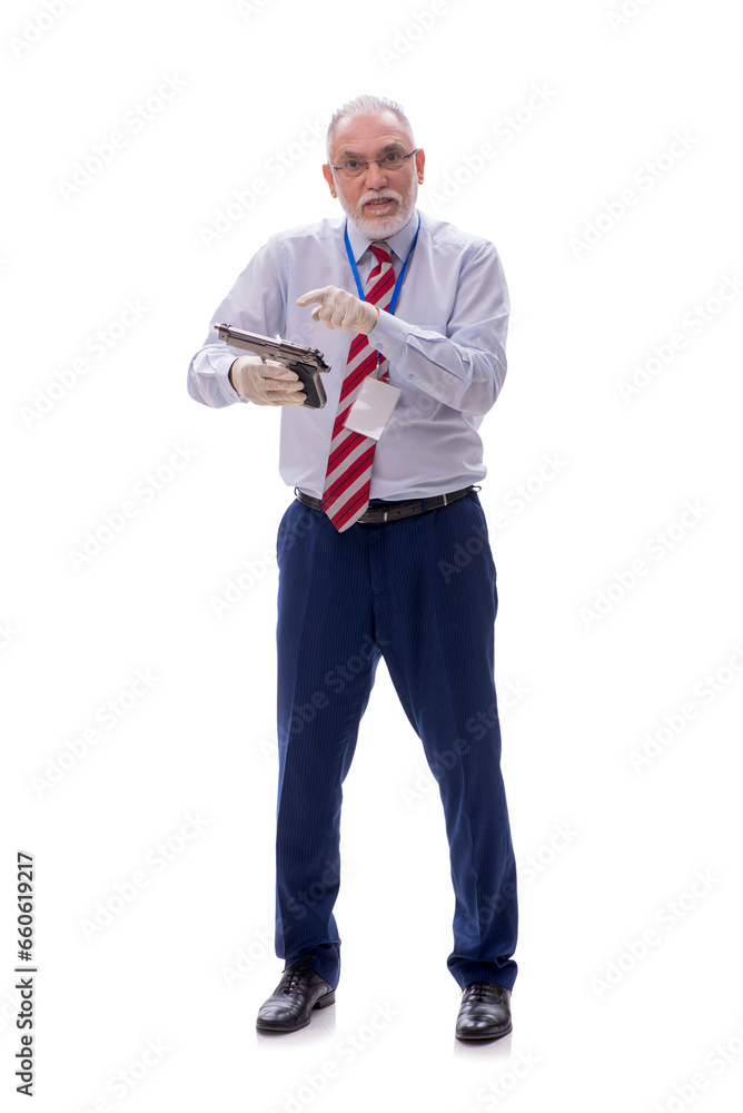 Old criminologist isolated on white Old criminologist isolated on white