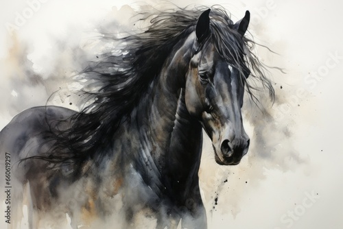 Graceful Black horse watercolor. Art abstract stroke. Generate Ai