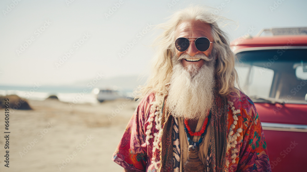 A smiling Santa Claus in the style of the hippie movement, with sunglasses, on the beach during a windy and sunny day.