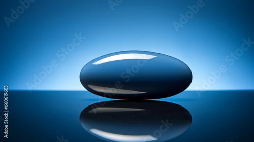 A blue pill on a reflective surface