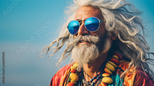 A smiling Santa Claus in the style of the hippie movement, with sunglasses, on the beach during a windy and sunny day.