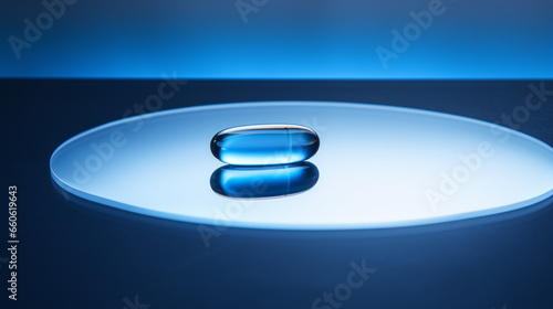 A blue pill on a reflective surface