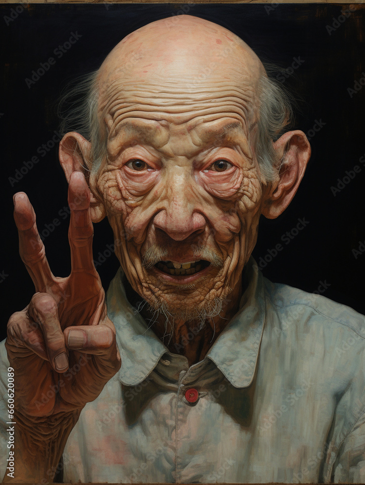 old Asian man making peace sign (or v for victory) old Asian man making peace sign (or v for victory)