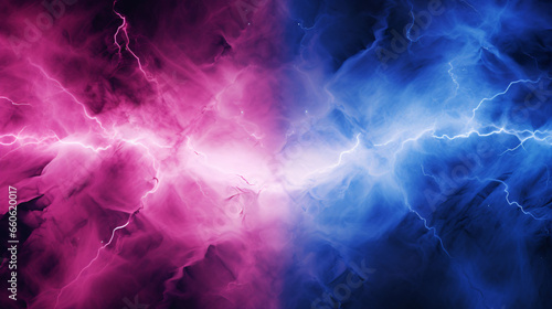 A visual abstraction of electric lightning in blue and pink, evoking thoughts of battle and confrontation. Versus screen..