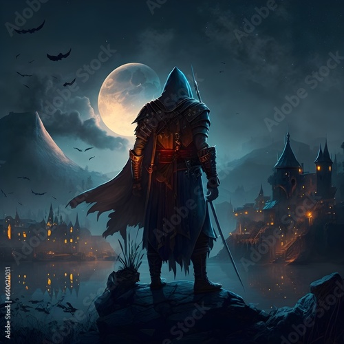 medieval assassin1 assassin2 character3 medieval assassin on a roof overlooking a medieval kingdom4 hyper realistic 8k highly detailed night5 midnight sky6  photo