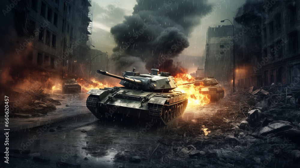 Armored tank crosses war-torn city