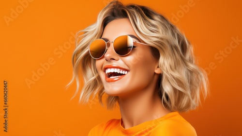 Happy beauty woman in orange color