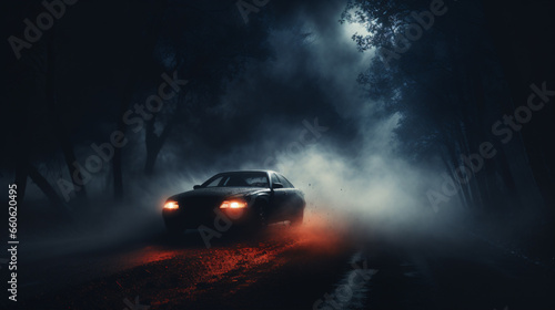 Navigating a car through thick fog, encountering hazardous road conditions during nighttime..