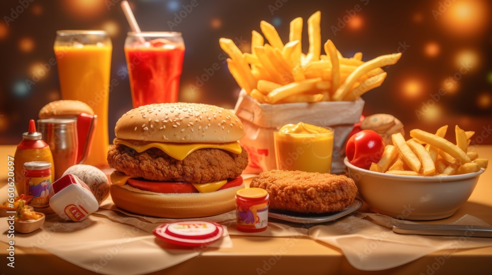 Delicious hamburger with french fries and cola drink on table Delicious hamburger with french fries and cola drink on table