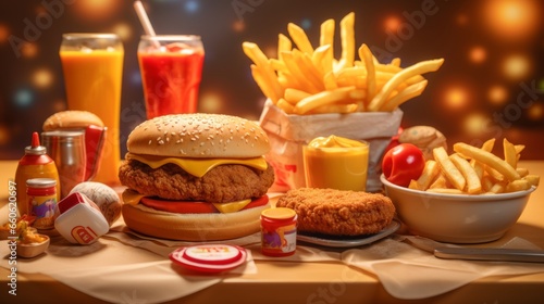 Delicious hamburger with french fries and cola drink on table