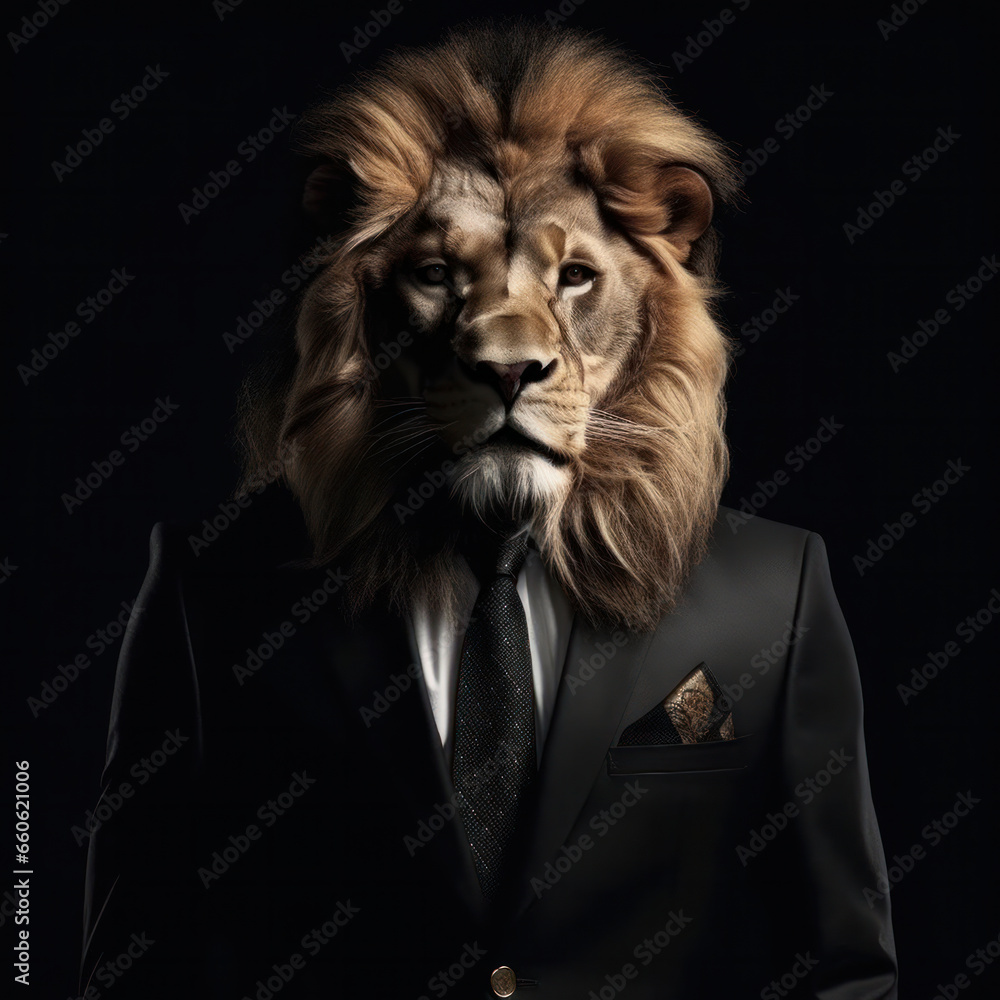 This lion is the king of the corporate jungle Dressed in formal attire with a tail and paws, exuding power, elegance, and the wild essence of nature. AI Generative. This lion is the king of the corporate jungle Dressed in formal attire with a tail and paws, exuding power, elegance, and the wild essence of nature. AI Generative.