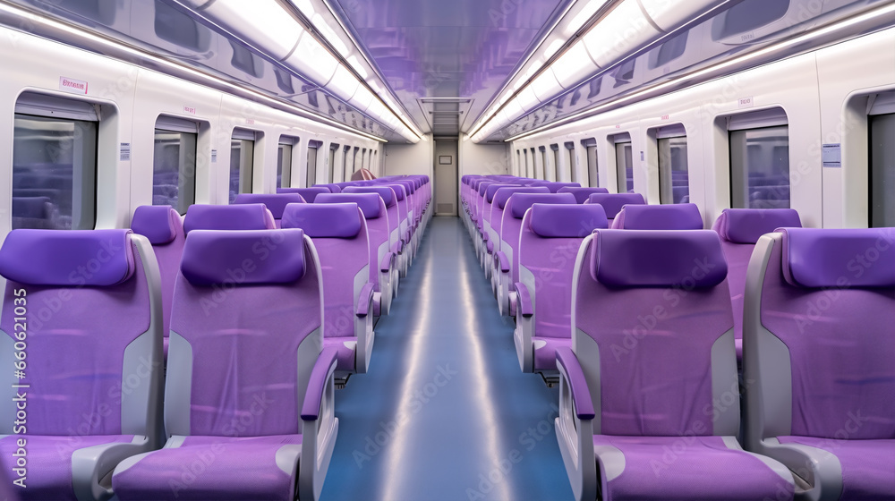 An unoccupied passenger train cabin with comfortable violet or purple seats..