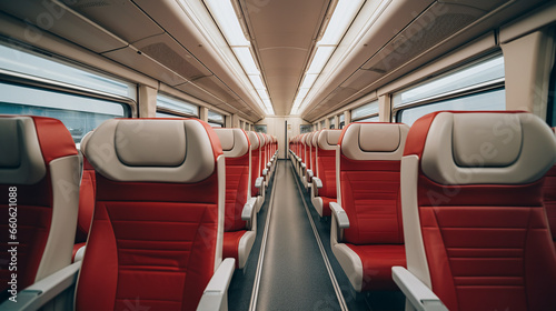 An empty cabin on a high-speed European train, featuring red seats..