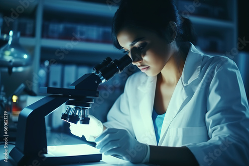 Female scientist looking under microscope, doing analysis of test sample at medical science laboratory.