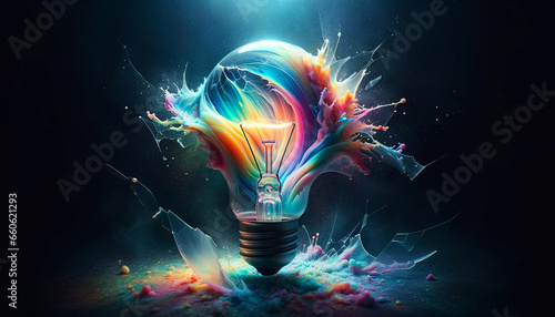 a light bulb exploding with colorful paint. The light bulb is in the center of the image and is the focal point photo