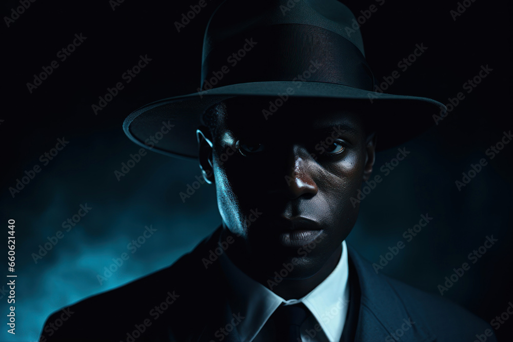 Portrait of a handsome african american man wearing hat and suit Portrait of a handsome african american man wearing hat and suit