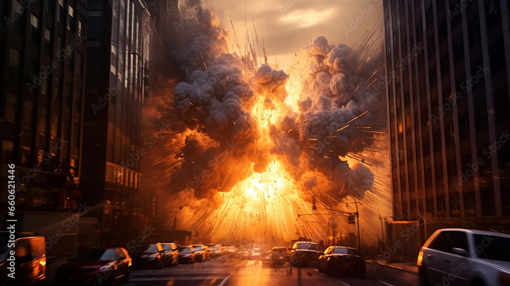 Explosion in a city with tall buildings in war. Explosion in a city with tall buildings in war.