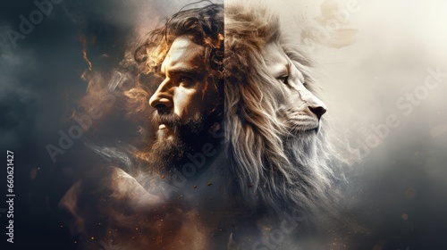 Jesus and lion. Fantasy portrait of a man with a lion