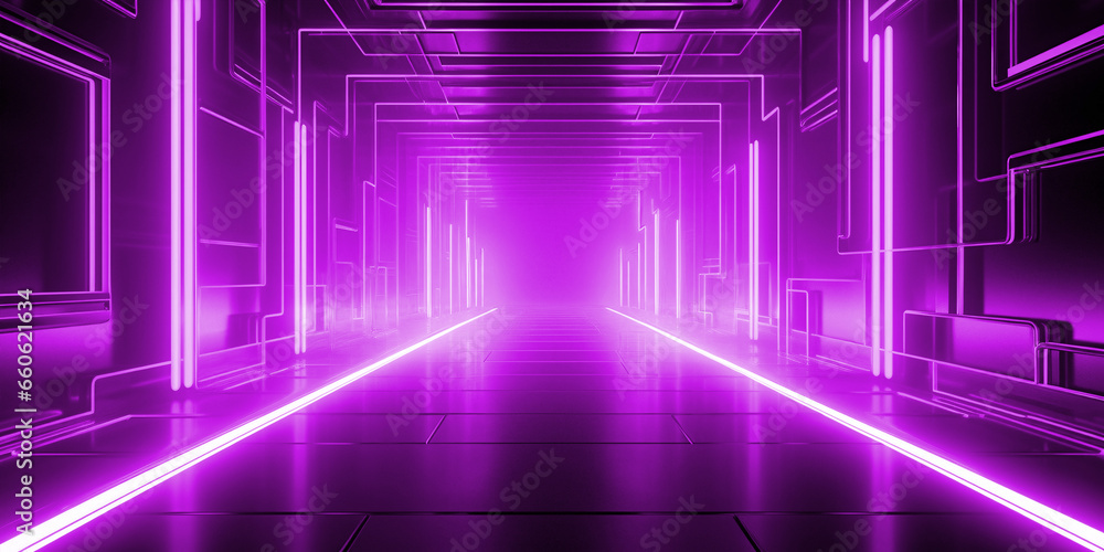 Step into a cyber-infused future as you explore a lengthy corridor illuminated by neon lights, offering a perfect backdrop for 3D illustrations and fashion design templates. Step into a cyber-infused future as you explore a lengthy corridor illuminated by neon lights, offering a perfect backdrop for 3D illustrations and fashion design templates.