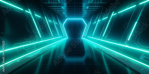 Journey into the future with a 3D illustration-ready corridor, aglow with neon fluorescence against a cyber background photo