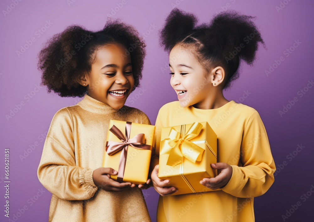 A close-up portrait of a beautiful little Afro girl giving a gift to her friend, in the style of giving and a holiday atmosphere.
