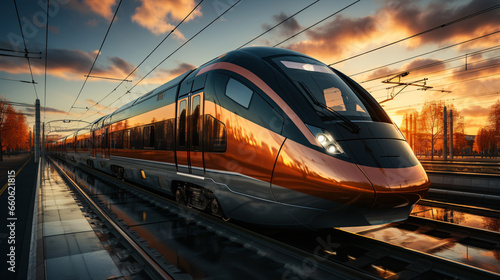 A high-speed passenger train glides along the railroad tracks during a picturesque sunset..