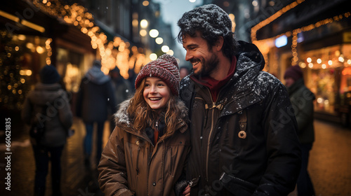 Single parent family. Father and daughter walk through the Christmas market. Festive mood. Together for gifts. Close-up. Generative AI.