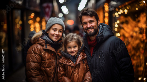 Single parent family. Father and daughters walk through the Christmas market. Festive mood. Together for gifts. Close-up. Generative AI