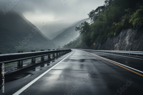 Weather-beaten Blurry mountain road asphalt. Sunny bokeh. Generate AI
