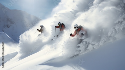 A three man riding skis down a snow covered slope. Perfect for showcasing ski resorts and winter sports destinations.