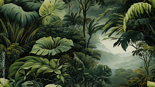 A seamless mural that transports you to a verdant jungle  teeming with trees and tropical plant life..