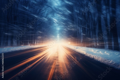 Chilling Blurry snow road middle night. Vehicle transport. Generate Ai