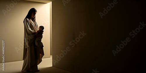 Portrait of lonely unhappy woman with baby in her arms standing in dark room indoor of abandoned house